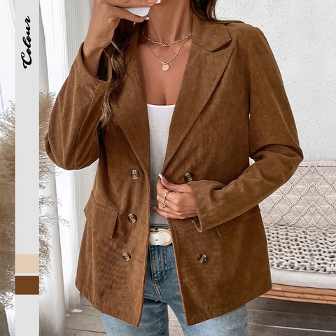 Dames Casual Corduroy Blazer Jas Klassieke Revers Double-breasted Losse Pasvorm Effen Kleur Lange Mouw Outwear Voor Kantoor