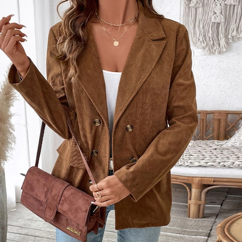 Dames Casual Corduroy Blazer Jas Klassieke Revers Double-breasted Losse Pasvorm Effen Kleur Lange Mouw Outwear Voor Kantoor