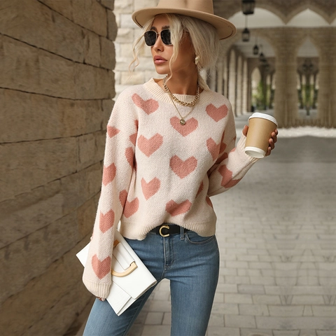 Sweet Girly Style Heart Pattern Long Sleeve Round Neck Knitted Sweater Loose Pullover For Women Autumn Winter Casual Fashion Top