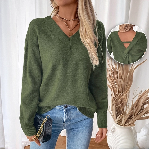 Women Casual V Neck Long Sleeve Knit Sweater Sexy Backless Twist Back Loose Pullover Army Green Autumn Winter Tops