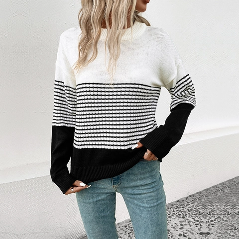 Suéter de Punto a Rayas con Bloques de Color Casual para Mujer Cuello Redondo Hombro Caído Ajuste Holgado Patchwork Pullover Cálido Top