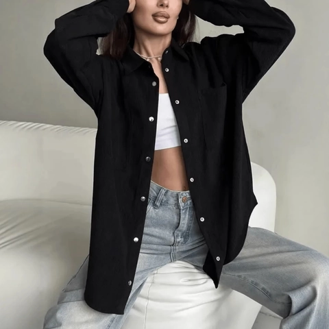Dames Casual Corduroy Textuur Overhemd Lange Mouw Losse Button Down Blouse Top Effen Kleur Minimalistisch Kantoor Cardigan