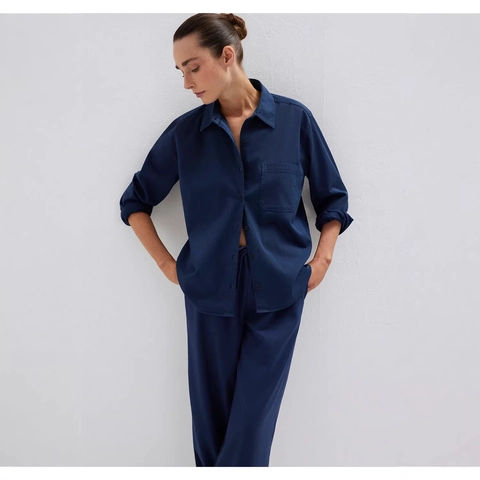 Women Casual Solid Color Shirt And Pants Set Two Piece Long Sleeve Lapel Blouse With Pocket Elastic Waist Trousers