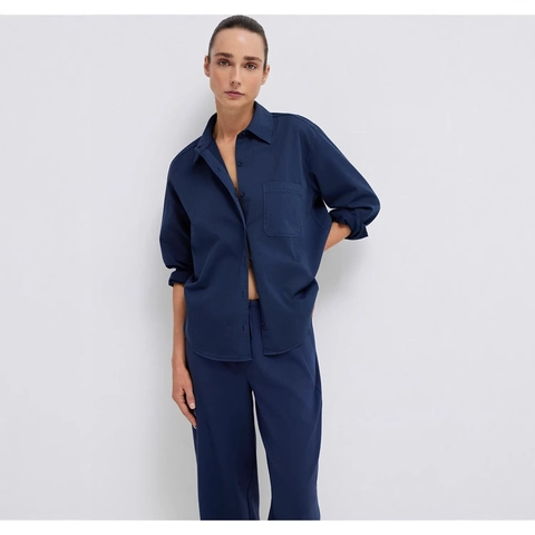 Women Casual Solid Color Shirt And Pants Set Two Piece Long Sleeve Lapel Blouse With Pocket Elastic Waist Trousers