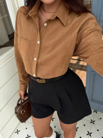 Damen Casual Langarm Hemd Einfarbig Polyester Revers Bluse Mit Taschen Einreihig Herbst Frühling Reguläre Passform Oberteile
