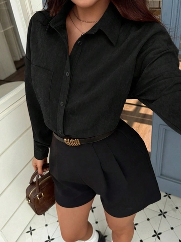 Damen Casual Langarm Hemd Einfarbig Polyester Revers Bluse Mit Taschen Einreihig Herbst Frühling Reguläre Passform Oberteile