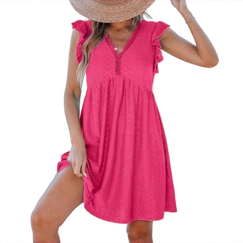 Women V Neck Lace Eyelet Ruffle Sleeve Mini Dress Summer Casual High Waist A Line Hollow Out Flowy Beach Vacation Dress