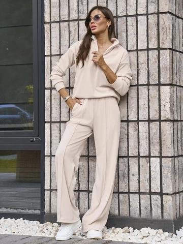 Women's Casual 2-Piece Leisure Set Half-Zip Stand Collar Pullover Ribbed Knit Top And Wide-Leg Pants Solid Color Suit