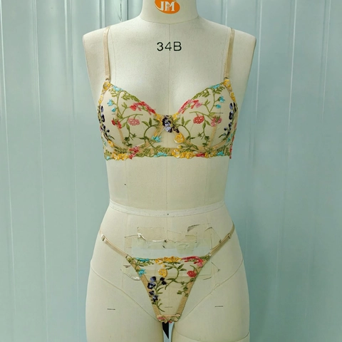 Dames Sexy Bloemen Borduursel Beugel Mesh Lingerie BH En Thong Twee Delige Pastorale Stijl Ondergoed Abrikoos Transparant