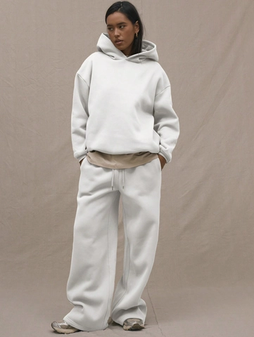 Women Casual Hooded Tracksuit Oversized Solid Color Two Piece Set Dropped Shoulder Hoodie And Wide Leg Sweatpants Set