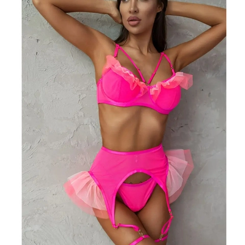 Vrouwen Sexy Neonroze Lingerie Beha Jarretelgordel En String Ruches Mesh Beugel Lingerie Voor Vrouwen Verleidelijke Nachtmode