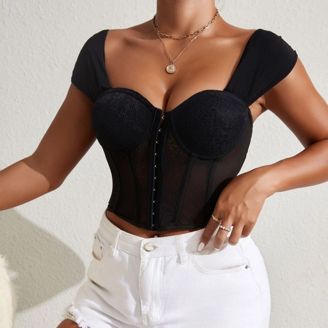 Women's Sexy Black Lace Corset Top Mesh Splicing Fishbone Bustier Backless Slim Fit Front Hook Short Top Party Streetwear