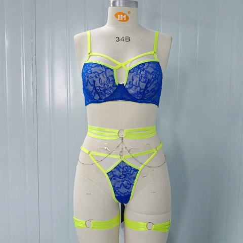 Conjunto de Lencería Sexy de Encaje para Mujer Color Contraste Sujetador con Correas Y Tanga Con Cadena Metal Anillo Pierna Harness
