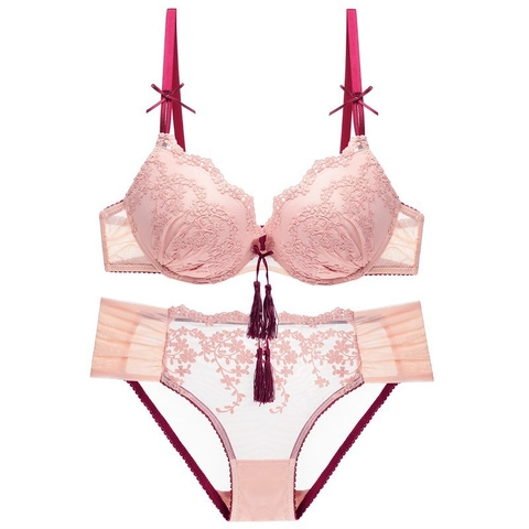 Lussuoso Completo Intimo Reggiseno e Slip in Pizzo con Ricamo Floreale Dettaglio Nappina e Fiocco Donna Push Up Deep V