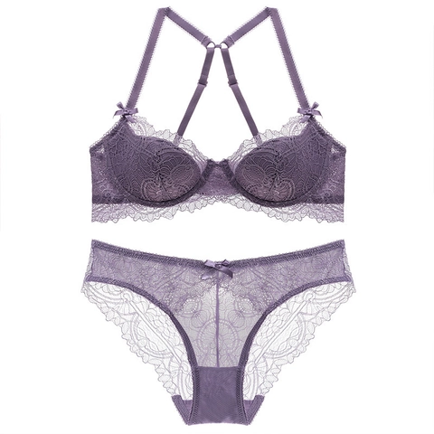 Ensemble Lingerie Femme Sexy en Dentelle Style Français Soutien-Gorge Push Up Et Culotte Floral Nœud Bonnet Mince