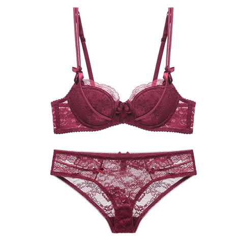 Sexy Spitze Stickerei Push-Up Dessous Set Für Damen Luxuriös Schleife BH und Slip Set Dünne Baumwolle Tasse Bügel Unterwäsche