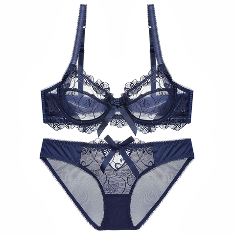 Sexy Reggiseno e Mutandine in Pizzo Floreale Trasparente Ultra Sottile per Donna Intimo Ricamato Lingerie con Fiocco