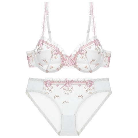Ensemble Lingerie en Dentelle Style Français Soutien-gorge Et Culotte Sexy Broderie Florale Push-up Maille Respirante Femme