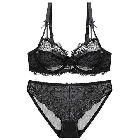 Conjunto De Sujetador Y Braga De Encaje Floral Ultrafino Para Mujer Malla Transparente Con Aros Y Decoración De Lazo