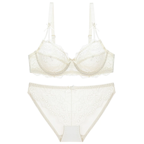 Conjunto De Sujetador Y Braga De Encaje Floral Ultrafino Para Mujer Malla Transparente Con Aros Y Decoración De Lazo