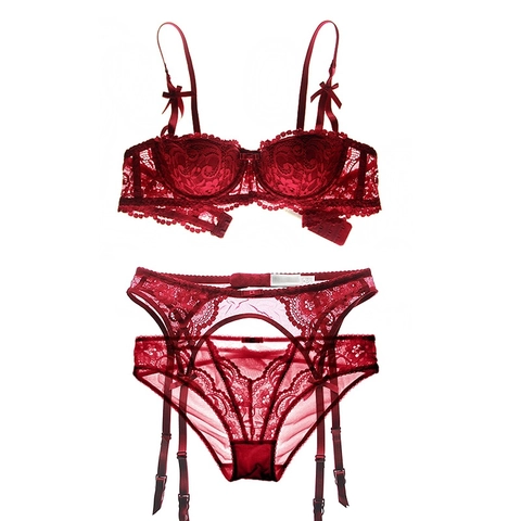 Biancheria Intima Sexy in Pizzo da Donna Con Reggiseno Coppa 3/4 Mutandine E Giarrettiera Elegante Ricamo Floreale Fiocco Per San Valentino