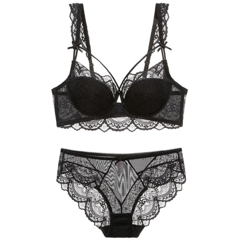 Set di Lingerie Sexy in Pizzo da Donna Reggiseno Push-up in Cotone Sottile e Slip Coordinati Ricamati a Fiori per Donna