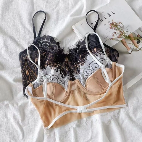 Reggiseno Sexy Senza Schienale in Pizzo Ciglia Francese per Donna Push Up Coppa Modellata Sottile Bustier Bralette Con Ferretto Morbido Top di Lusso