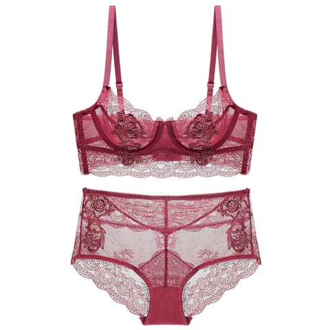 Women French Sexy Ultra Thin Transparent Lace Bra And Panty Floral Embroidery Underwire Lingerie Large Size Push Up Brassiere