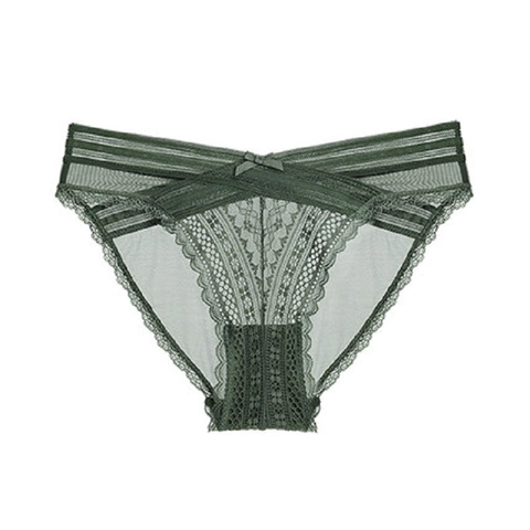 Women Sexy Lace Mesh Panties With Crossover Waist Bow Decor Breathable Cotton Crotch Low Waist Floral Briefs Lingerie