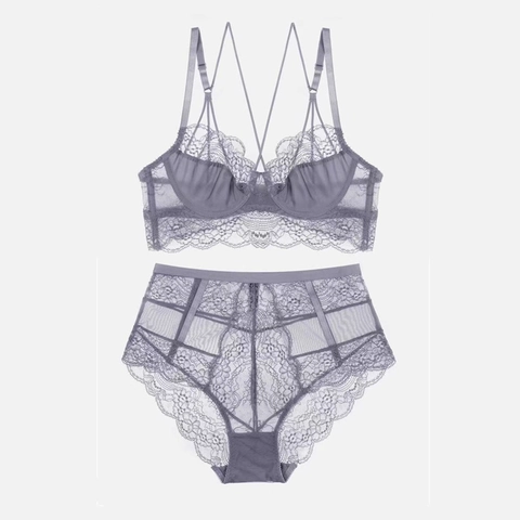Lingerie Sexy in Pizzo Reggiseno e Mutandine Donna Ultrasottile Traspirante Trasparente Ricamo Floreale Intimo Coordinato