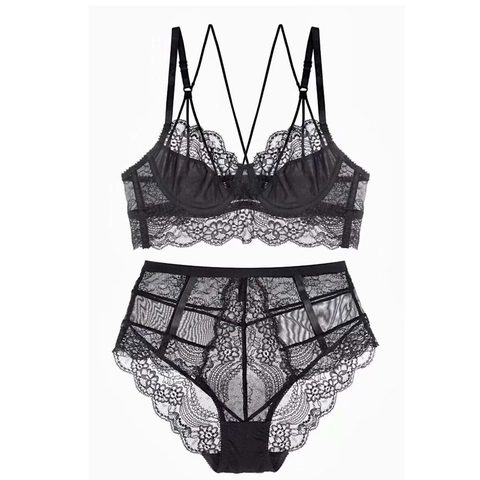 Lingerie Sexy in Pizzo Reggiseno e Mutandine Donna Ultrasottile Traspirante Trasparente Ricamo Floreale Intimo Coordinato