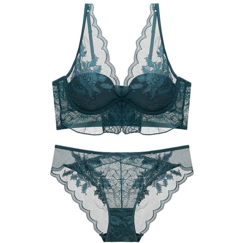 Women Sexy Floral Lace Lingerie Set Underwired Embroidery Mesh Bra And Panty Set Breathable Thin Cup Underwear For Women