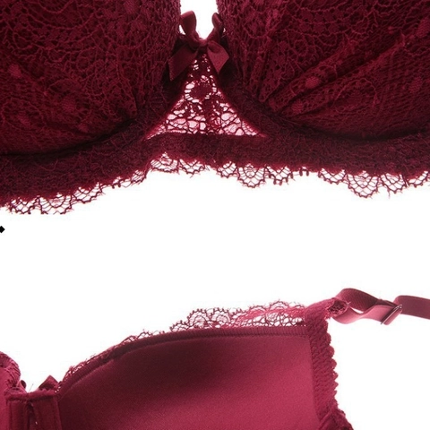 Women Sexy Lace Push Up Bra Deep V Wine Red Underwired Top Thin Bottom Thick Nylon Polyester Comfortable Lingerie Bra