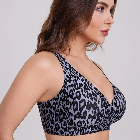 Sujetador Sin Costuras Sin Aros para Mujer Cuello en V Profundo Estampado de Leopardo Correas Anchas Bralette Transpirable