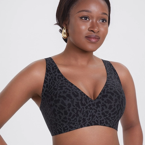 Women Leopard Print Seamless Bra No Underwire V Neck Breathable High Elastic Lingerie Wide Strap Full Cup Bralette Top