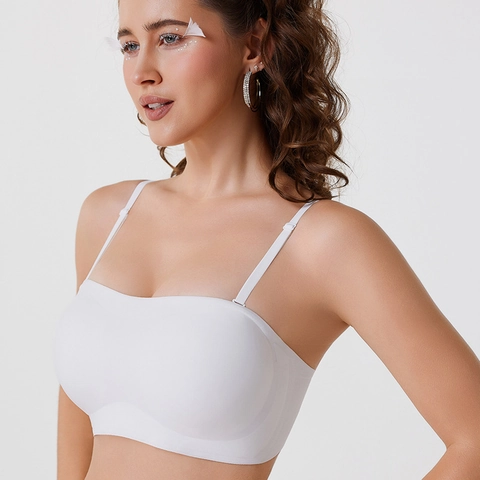 Women Seamless Bandeau Bra Thin Adjustable Straps Invisible Non-Wired Bralette Gathering Nylon Comfy Lingerie Underwear