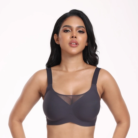 Damen Übergröße Nahtloser BH Ohne Bügel Netz V-Ausschnitt Feste Träger Unterstützung Bralette Komfort Lingerie Einfarbig Top