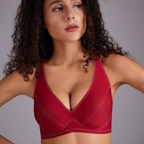 Sujetador Sin Costuras Sin Aros para Mujer Estilo Denim Costuras en Contraste Push Up Cómodo Transpirable Escote en V Profundo