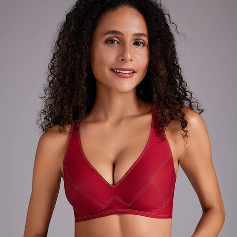 Sujetador Sin Costuras Sin Aros para Mujer Estilo Denim Costuras en Contraste Push Up Cómodo Transpirable Escote en V Profundo