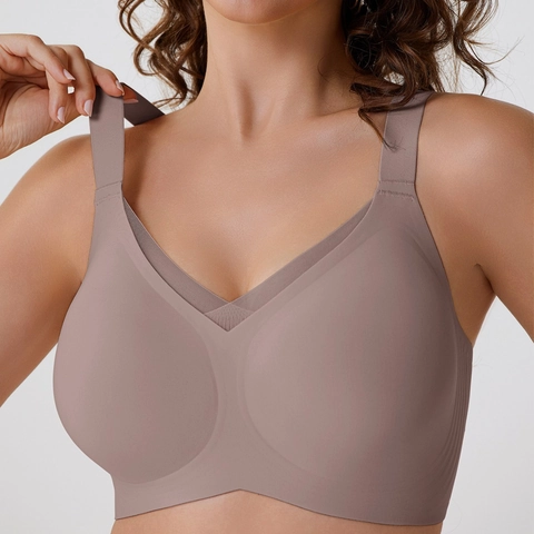 Sujetador Sin Costuras Con Cuello en V para Mujer Empalme de Malla Tirantes Anchos Bralette Sin Aros Comodidad Diaria