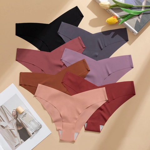 Strings Femme Sans Couture en Soie Glacée Sous-Vêtements Taille en V Basse Respirant Sexy G-String avec Entrejambe en Coton Couleur Unie