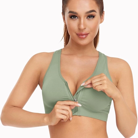Women Front Zipper Sports Bra Wireless Seamless Racerback Post Surgery Support Activewear Yoga Fitness Bras Bra Tops
