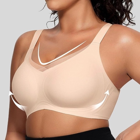 Sujetador Sin Costuras para Mujer Bralette de Malla en V Tirantes Anchos Soporte Push Up Talla Grande Top de Lencería Confort