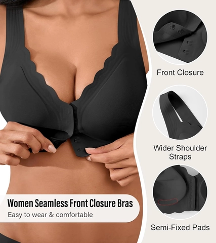 Reggiseno Senza Cuciture Chiusura Anteriore Donna Push Up Senza Ferretto Copertura Totale Comodo Con Bordi Festonati Spalline Larghe