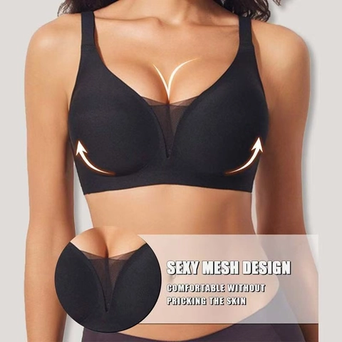 Sujetador Sin Costuras de Escote en V Profundo para Mujer Bralette Push Up Sin Aros de Malla con Soporte de Tiras de Gelatina