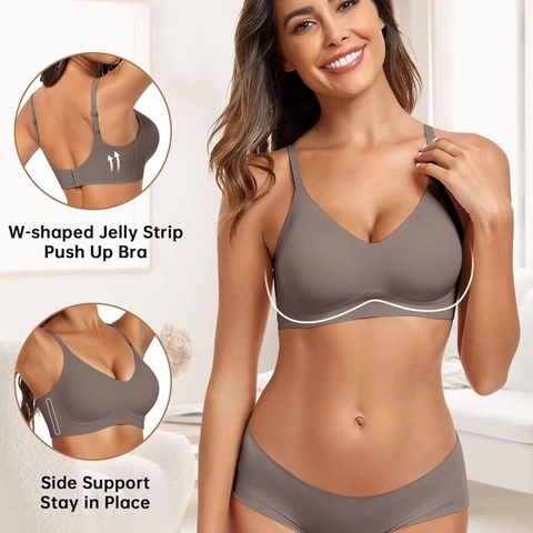 Sujetador Sin Costuras Ni Aros para Mujer Jelly-Lift Suave Push Up Invisible Escote en V Tirantes Ajustables Cómodo