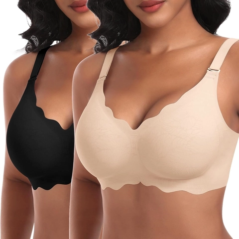 Women Wireless Jelly Scalloped Bra Seamless Full Coverage No Underwire Adjustable Strap Padded Everyday Bralette Bra