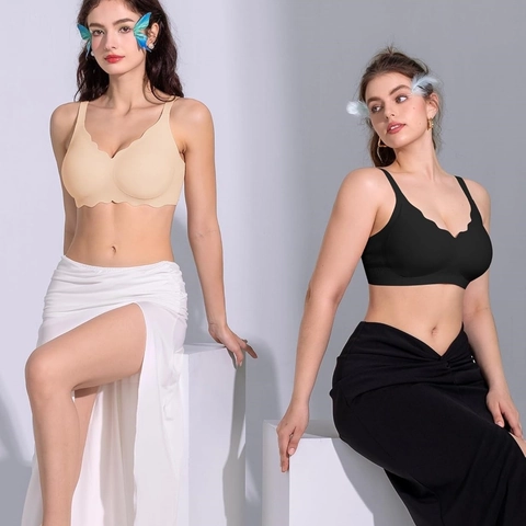 Women Wireless Jelly Scalloped Bra Seamless Full Coverage No Underwire Adjustable Strap Padded Everyday Bralette Bra