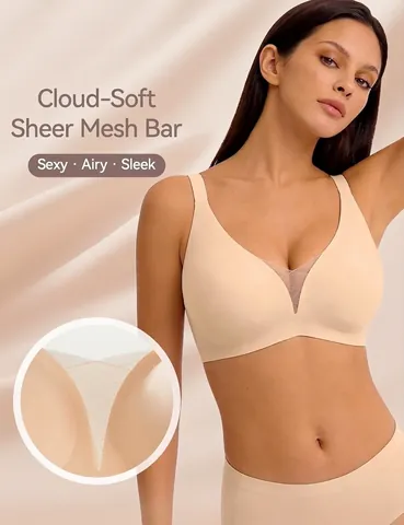 Sujetador Jelly sin Costuras ni Aros para Mujer Push Up Cuello en V Patchwork de Malla Correas Ajustables Lencería Cómoda Diaria