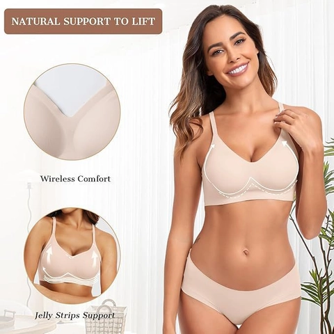 Sujetador Sin Costuras para Mujer Bralette Push Up Cómodo Ropa Interior de Nailon Suave Con Soporte de Tiras de Gelatina en Forma de W Cuello en V